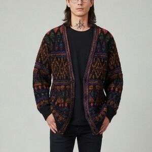 Vintage 90s Textured 3D Knit Bright Abstract V-Neck Cardigan Sweater Size Medium